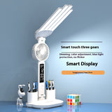 3-in-1 Multifunction Table Lamp LED Four-headed Folding Fan, USB Rechargeable Desk Light Calendar Clock