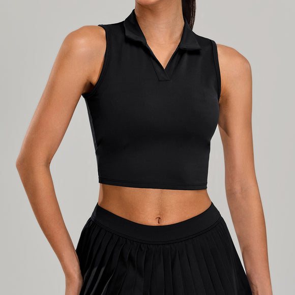 Running Breathable Sleeveless Yoga Vest, Lapel Tennis Workout Top