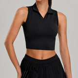Running Breathable Sleeveless Yoga Vest, Lapel Tennis Workout Top