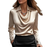 Women’s Satin Draped Swing Collar Blouse – Elegant Solid Long-sleeve Office Top for Spring