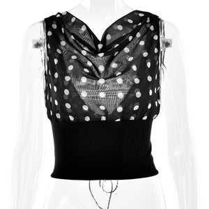 Polka Dots Print Oblique Shoulder Tops, Summer Patchwork Chiffon Women's Sleeveless Lace-up Backless Blouse, Casual Streetwear Tee