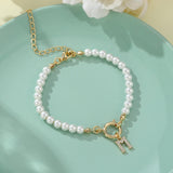 New Fashion Toggle Clasp Initial Bracelet, Women's A-Z Letter Pendant, 6mm Pearl Bracelet for Women