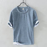 Linen Loose Casual Men's Round Neck T-shirt, Japanese Short-sleeved Blouse