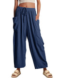 Stretched-waist Pleated High-waisted Wide-leg, Loose Casual, Cotton and Linen Long Pants