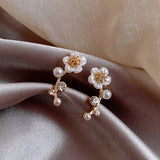 Silver Needle Petal and Pearl Earrings