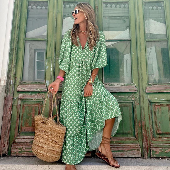 Summer Women's Vintage Printed Bohemian Dress, Elegant Ladies- Casual Loose V-neck Short Sleeve Long Gown