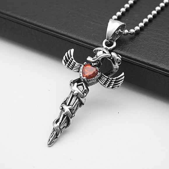 Retro Fashion European and American Style Diecast Snake Winding Wings Cross, Titanium Steel Necklace Heart-shaped Diamond Pendant