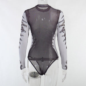 Human Body Digital Print, Long Sleeve, Crew Neck Mesh Yarn, Perspective Jumpsuit