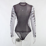 Human Body Digital Print, Long Sleeve, Crew Neck Mesh Yarn, Perspective Jumpsuit