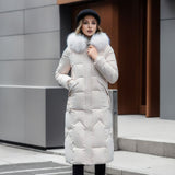 Women's Quilted Cotton-padded Over-the-Knee Jacket with Large Fur Collar