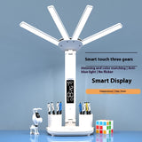 3-in-1 Multifunction Table Lamp LED Four-headed Folding Fan, USB Rechargeable Desk Light Calendar Clock