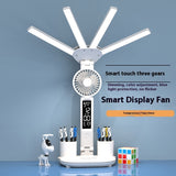 3-in-1 Multifunction Table Lamp LED Four-headed Folding Fan, USB Rechargeable Desk Light Calendar Clock
