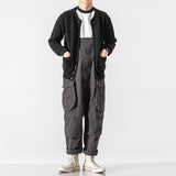 Men’s Washed Retro Cargo Suspender Overalls – Solid Color Casual Utility Pants