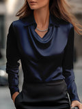 Women’s Satin Draped Swing Collar Blouse – Elegant Solid Long-sleeve Office Top for Spring