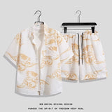 Hong Kong Style Retro Short Sleeve Printed Shirt + Shorts Set