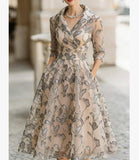 Printed V-neck Long-sleeve Dress for Women
