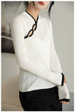 Women’s Hollow-out Knit Sweater with Buckle Stand Collar – Thin Wool Blend Pullover