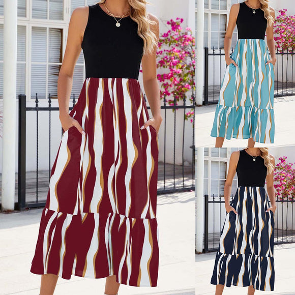 Round Neck Sleeveless Long Dress, Summer Fashion Striped Print Dresses, Women's Clothing