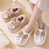 Big Bow-knot Fluffy Winter Warm Covered Heel Cotton Thick-soled Platform Slippers, Indoor and Outdoor Garden Walking Shoes