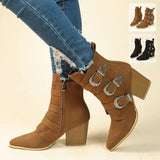 Chunky Heel Pointed Toe Boots with Belt Buckle Design, Retro Mid-calf Boots, Fashion Fall Winter Shoes for Women