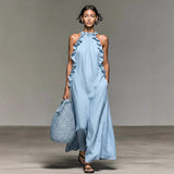 Ruffled Halter Neck Maxi Dress – Sleeveless Resort Style Flowy Party Wear
