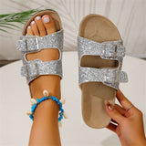 Double Buckle Sandals for Women, New Fashion Sequined Beach Shoes, Summer Leisure Outdoor Slippers Slides