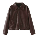 Solid Color Lapel Zipper Jacket, Casual Long Sleeve Leather Coat Tops, Women's Outdoor Clothing