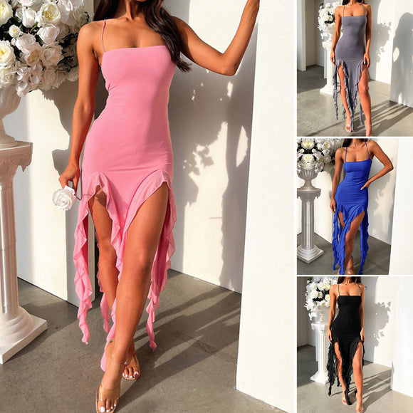 Sexy Suspender Tight Slim Skirt, Fashion Split Ruffle Design Dress, Summer Women's Clothing