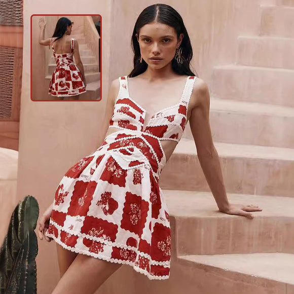 Women's Flower Print Lace Sling Dress, V-neck Waist-baring Skirt, Fashion Summer Clothing