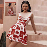 Women's Flower Print Lace Sling Dress, V-neck Waist-baring Skirt, Fashion Summer Clothing