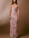 Floral Print Halter Spaghetti Straps Dress, Sexy Slim Butterfly Back Spring Summer Women's Gown
