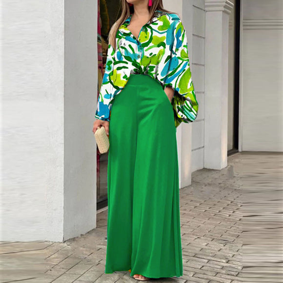 Women's Printed Shirt and Wide Leg Pants, Fashion Casual Set