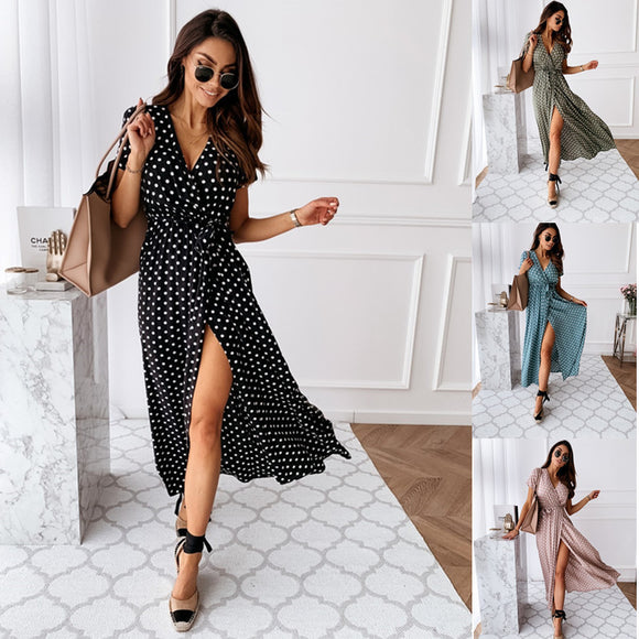 V-neck Bohemian Polka Dot, Printed Dress Long Skirt