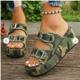Denim Buckle Wedges or Sandals, Summer Outdoor High Heel Slippers, Thick Bottom Camouflage Shoes for Women