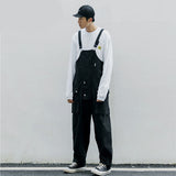 Men’s Retro Wide Leg Cargo Suspender Pants – Straight Fit Work Overalls