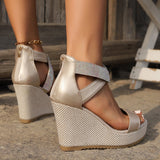 Fish Mouth High Wedges Sandals with Rhinestone Design, Fashion Summer Platform Shoes for Women