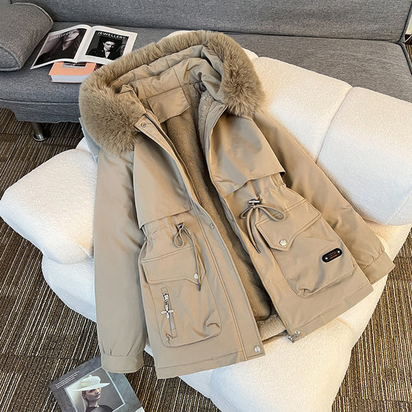 Fur Collar Fashionable All-matching Jacket, Hooded Warm Cotton-padded Coat