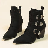 Chunky Heel Pointed Toe Boots with Belt Buckle Design, Retro Mid-calf Boots, Fashion Fall Winter Shoes for Women