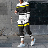 Men's Sports and Leisure Suit Pullover Round Neck Long Sleeves Striped Sweater Two Pieces Suit