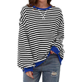 Loose Striped Long Sleeved T-shirt, Casual Pullover Sweater for Women