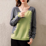 Women's Loose V-neck Short Pullover, Colorblock Sweater