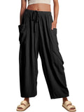 Stretched-waist Pleated High-waisted Wide-leg, Loose Casual, Cotton and Linen Long Pants