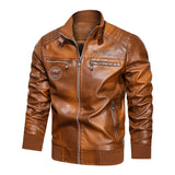 Stand-up Collar Leather Jacket with Pockets