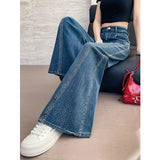 Women’s Washed Blue Wide-leg Flared Denim Jeans with Hot Stone Embellishment – Loose Fit Casual Fashion