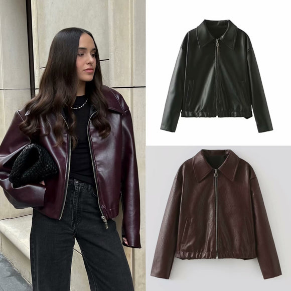 Solid Color Lapel Zipper Jacket, Casual Long Sleeve Leather Coat Tops, Women's Outdoor Clothing