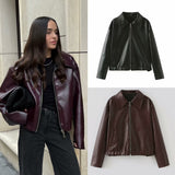 Solid Color Lapel Zipper Jacket, Casual Long Sleeve Leather Coat Tops, Women's Outdoor Clothing