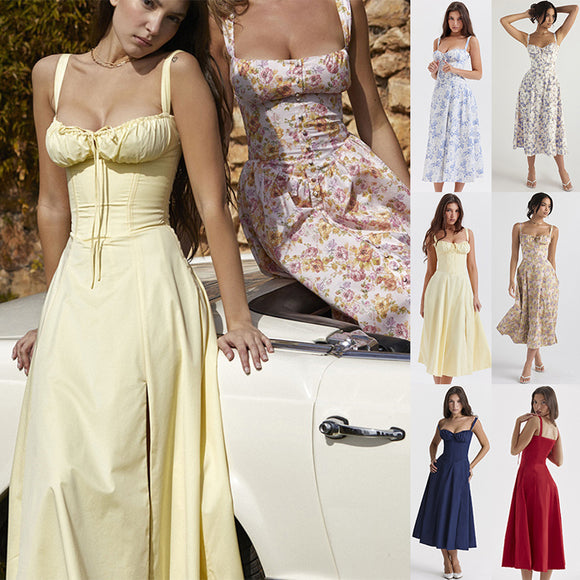 Fashion Suspender Gown for Women, Commuter Temperament, Solid Color, French, High-split Sexy Summer Dresses