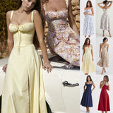 Fashion Suspender Gown for Women, Commuter Temperament, Solid Color, French, High-split Sexy Summer Dresses