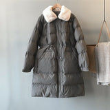 Rabbit Fur Collar, Waist Drawstring, Long Warm Cotton Jacket