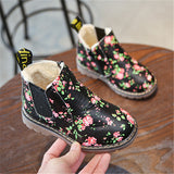 Girls’ Floral Printed Low-cut Leather Shoes – Stylish Martin Boots for Everyday Wear